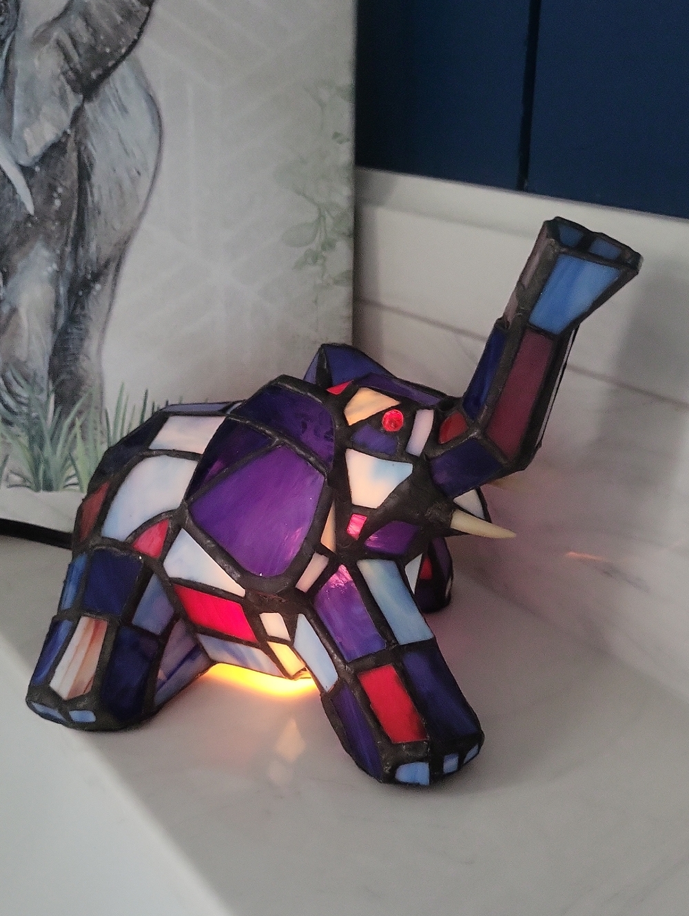 Perfect Condition Tiffany Stained Glass Elephant Accent Lamp - Blue & Red